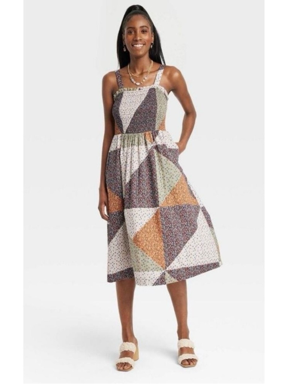 Universal Thread Patchwork Quilted Floral Smocked Midi Dress